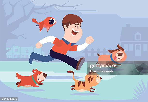 kid running with pets - dog chasing stock illustrations
