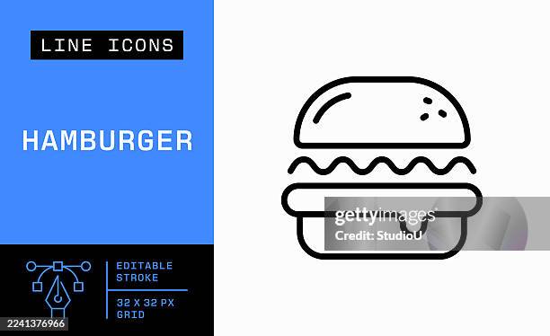 hamburger, cheeseburger single line icon - bread roll white background stock illustrations