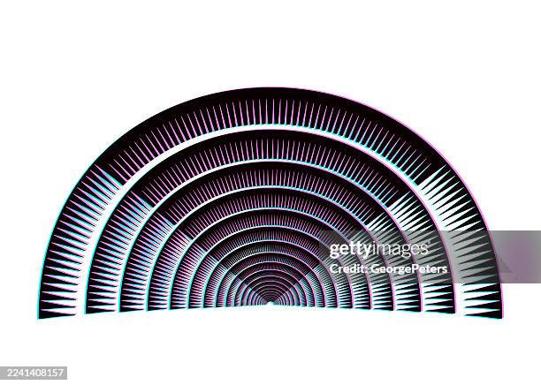 concentric semi-circles and light beams abstract background and glitch technique - half circle 3d stock illustrations