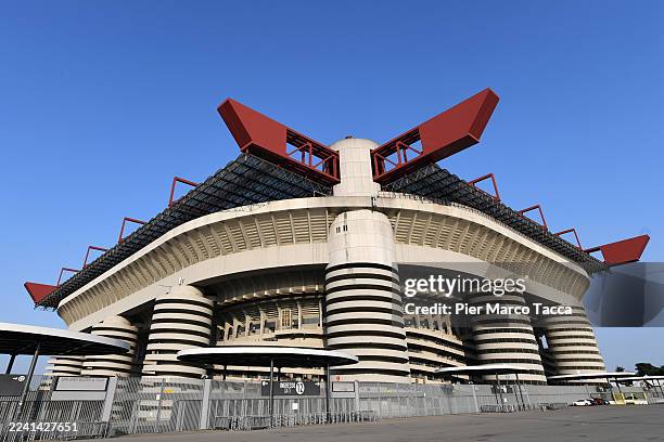 An external view of the stadium during a press conference unveiling the concept for the opening ceremony of the Olympic Winter Games Milano Cortina...