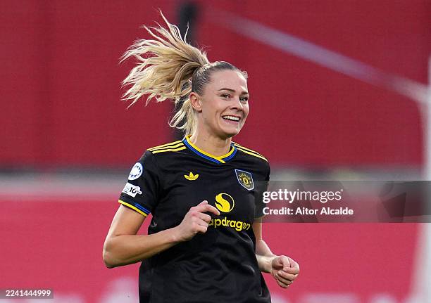 Fridolina Rolfoe of Manchester United celebrates scoring her team's first goal during the UEFA Women's Champions League 2025/26 league phase match...