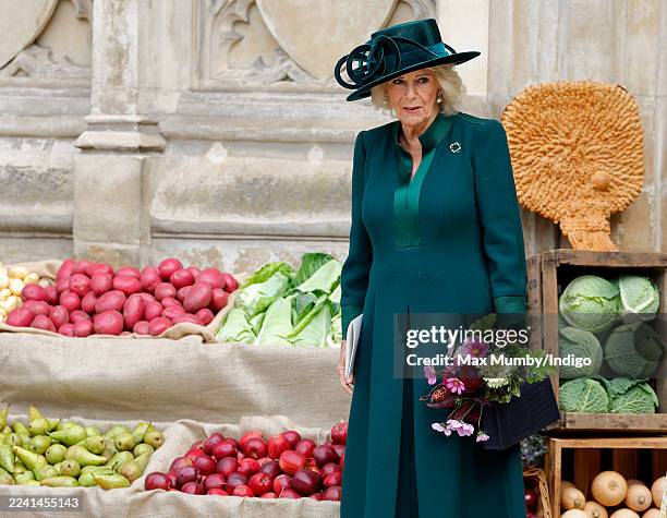 Queen Camilla views a display of fruit and vegetables as she attends The National Harvest Festival Service at Westminster Abbey on October 16, 2025...