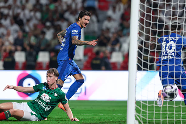 Darwin Nunez of Al Hilal celebrates after scoring the 2nd goal during the Saudi Pro League match between Al Ettifaq and Al Hilal at on October 18,...