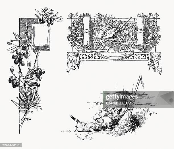 vignettes: olive branch, scroll and kittens, wood engravings, published 1897 - fruit carving stock illustrations