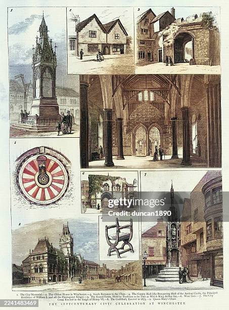 historic scenes around winchester, england, 1884, vintage illustration, 19th century, history - winchester cathedral stock illustrations