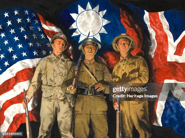 American, Chinese and British soldiers with flags of their countries, WWII poster, October 1943. Creator: Central Office of Information.