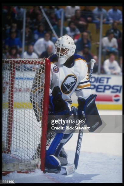 Goaltender Grant Fuhr of the Buffalo Sabres looks on during a game against the Hartford Whalers at Memorial Auditorium in Buffalo, New York.