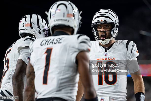 Joe Flacco of the Cincinnati Bengals celebrates after a touchdown during an NFL football game Pittsburgh Steelers at Paycor Stadium on October 16,...