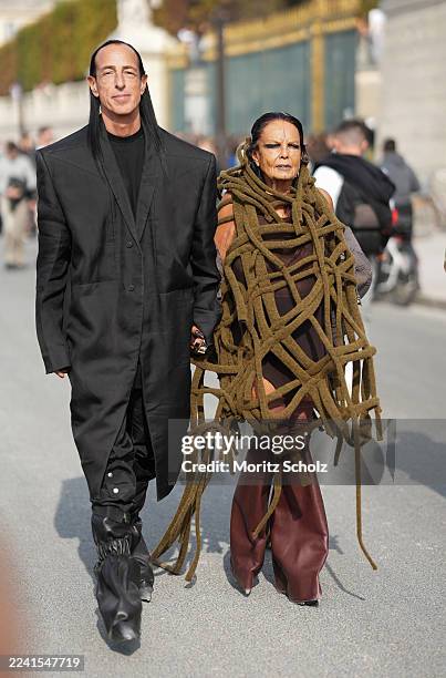 Rick Owens attends the Dior Spring/Summer 2026 show as part of Paris Fashion Week is seen wearing a black Jumbo Tatlin Rick Owens Coat with buttons,...