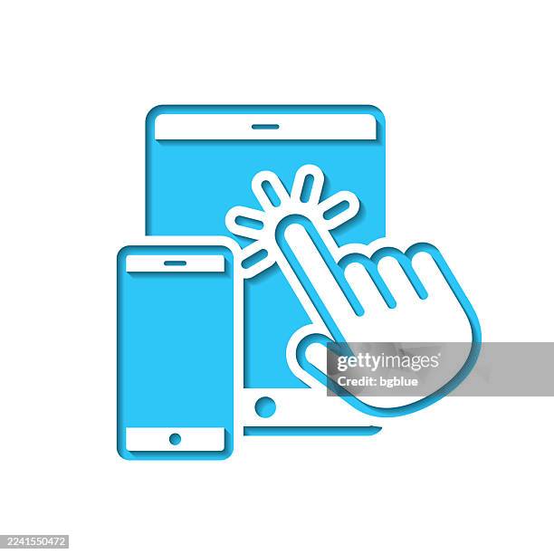 hand touch tablet pc and smartphone. icon cut out on white paper with blue background - hand using ipad stock illustrations