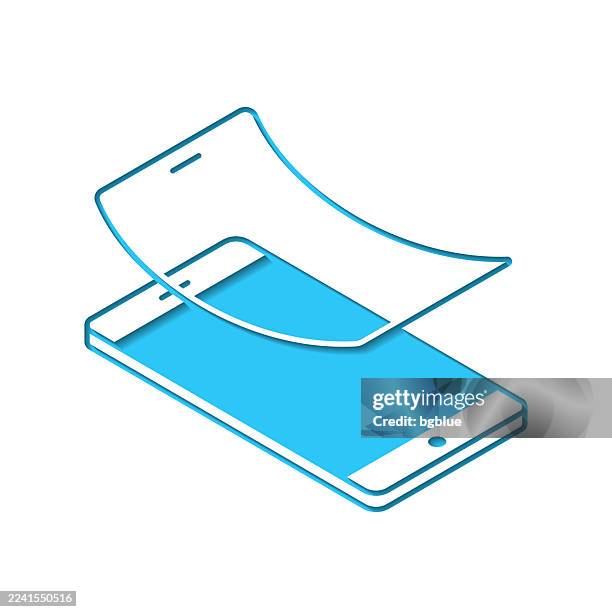 screen protector. icon cut out on white paper with blue background - iphone blank screen stock illustrations