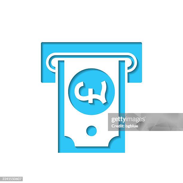 pound withdrawal. icon cut out on white paper with blue background - modern bank teller stock illustrations