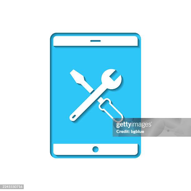 tablet pc settings - tools. icon cut out on white paper with blue background - using tablet home stock illustrations
