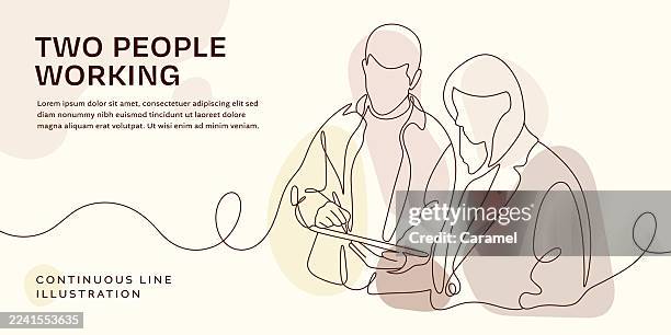 two people working together minimal line art concept illustration - two colleagues talking stock illustrations