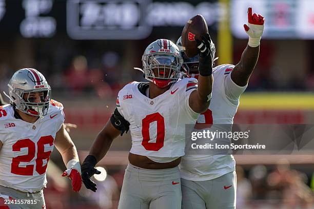The Ohio State Buckeyes linebacker Sonny Styles celebrates a interception durning a college football game between The Ohio State Buckeyes and the...