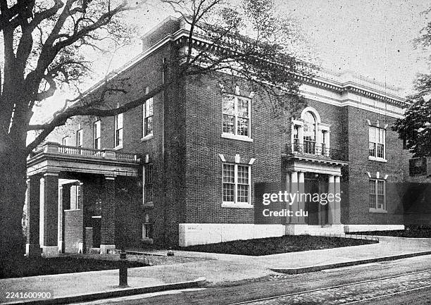churchill house in providence, rhode island, a georgian revival residence situated along one of the city’s early asphalt streets where cobblestones remain visible between the streetcar tracks, named after a prominent providence household - city cobblestone stock illustrations