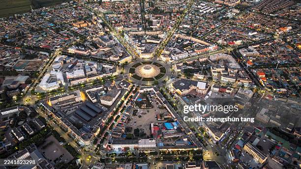 aerial view of tekesi bagua city center, xinjiang, china - philosophy stock pictures, royalty-free photos & images
