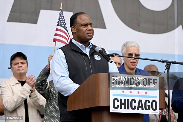 Congressman Jonathan Jackson speaks onstage as people protest as part of the No Kings Rallies on October 18, 2025 on October 18, 2025 in Chicago,...