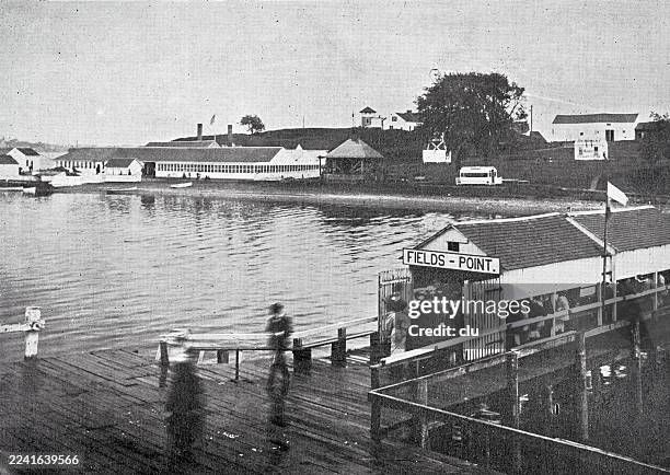fields point, providence, rhode island, seaside pier and bathing pavilions along narragansett bay, popular summer destination of the 1890s - narragansett rhode island stock illustrations