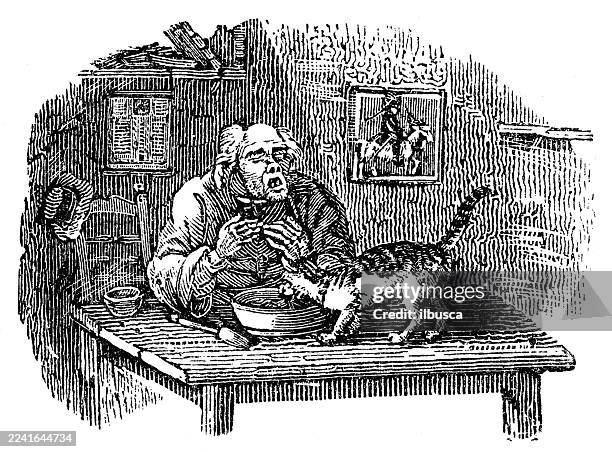 thomas bewick engravings, cat - senior dining stock illustrations