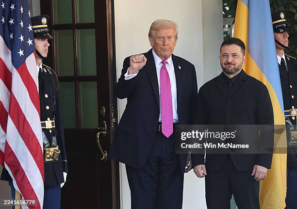 President Donald Trump greets Ukrainian President Volodymyr Zelensky outside the West Wing of the White House on October 17 in Washington, DC....