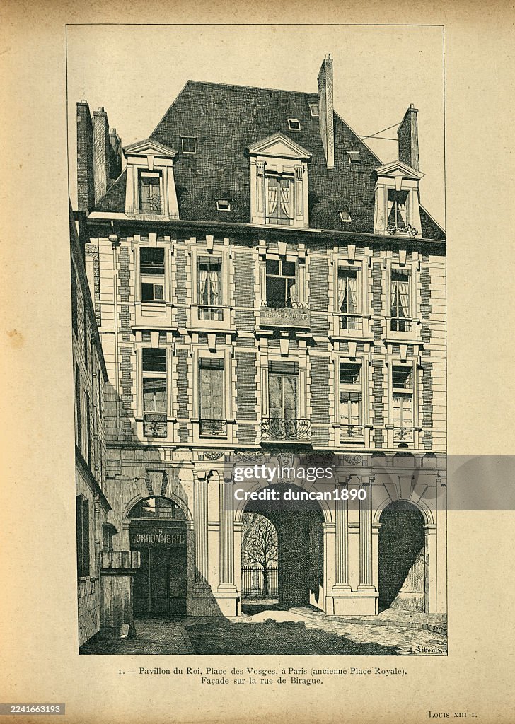 History of Architecture, French Louis XIII style, Pavillon du Roi, Place de Vosges, Paris, Facade, Vintage illustraion, 19th Century, History
