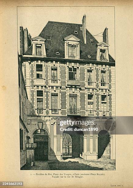 history of architecture, french louis xiii style, pavillon du roi, place de vosges, paris, facade, vintage illustraion, 19th century, history - place des vosges stock illustrations
