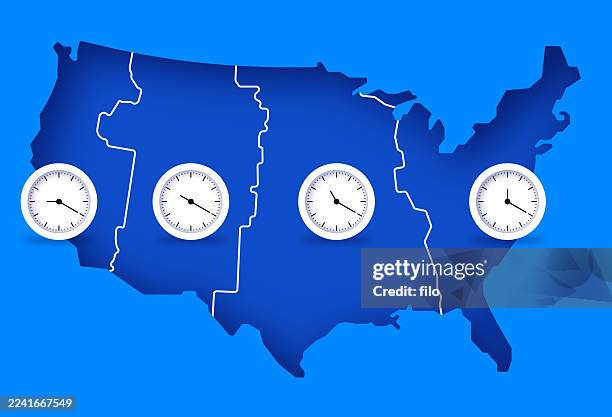 ilustraciones, imágenes clip art, dibujos animados e iconos de stock de reloj de zona horaria mapa de ee. uu. fondo azul - zona horaria