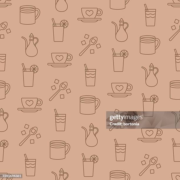 coffee and tea seamless editable stroke icon pattern - iced tea stock illustrations