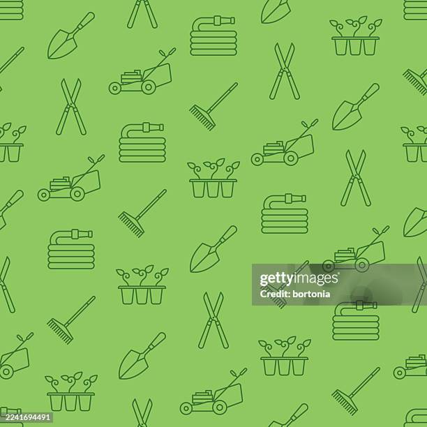 gardening seamless editable stroke icon pattern - rake leaves stock illustrations