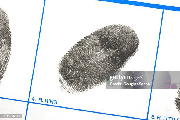 completed fingerprint card for criminal database - responsabilidad policial fotografías e imágenes de stock