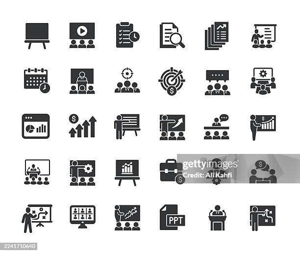 business presentation glyph solid icons. containing workshop, seminar, meeting solid icons collection. vector illustration. perfect pixel on clean white background - interactive presentation stock illustrations