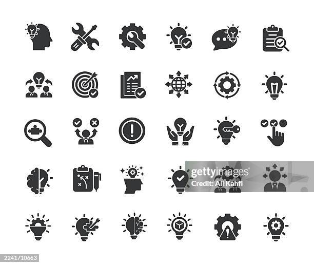 solution glyph solid icons. containing problem solving, advice, idea solid icons collection. vector illustration. perfect pixel on clean white background - talking to camera stock illustrations