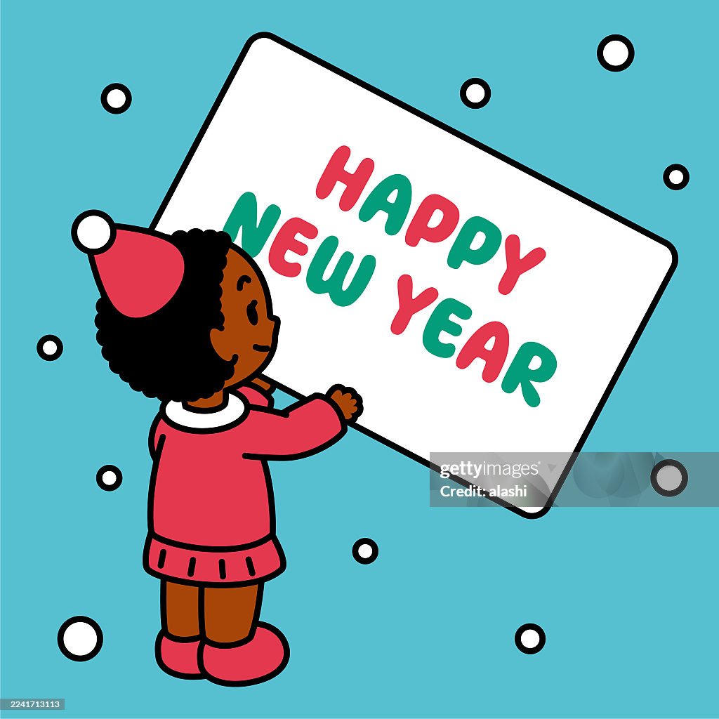A cute Santa girl with a Christmas suit or New Year outfit, smiling, holding a greeting card, wishes everyone a Happy New Year. Three-quarter rear view, black outline with flat colors, minimalist style