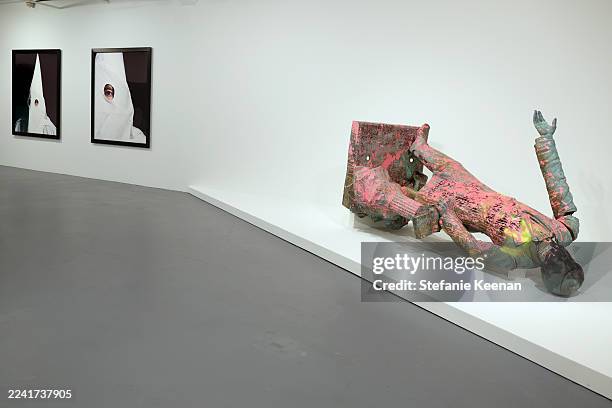 Artwork is displayed during the MONUMENTS Exhibition preview by The Museum of Contemporary Art and The Brick at The Geffen Contemporary at MOCA on...