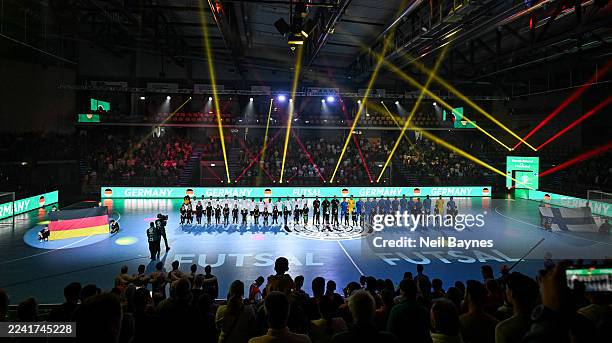 General view of both teams lineup prior to the Futsal International Friendly match between Germany and Finland at Buderus Arena on October 19, 2025...