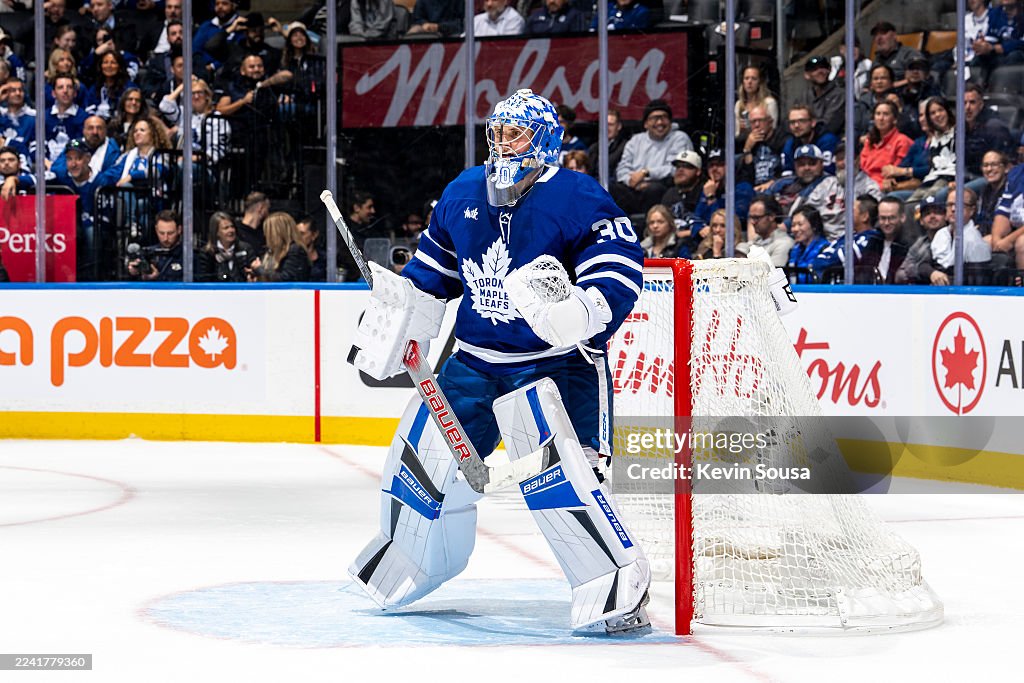 Toronto Predators Cayden Primeau of the Toronto Maple Leafs looks on against the... News ...