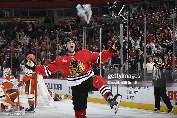 Frank Nazar of the Chicago Blackhawks reacts after scoring against the Anaheim Ducks in the third period at the United Center on October 19, 2025 in...