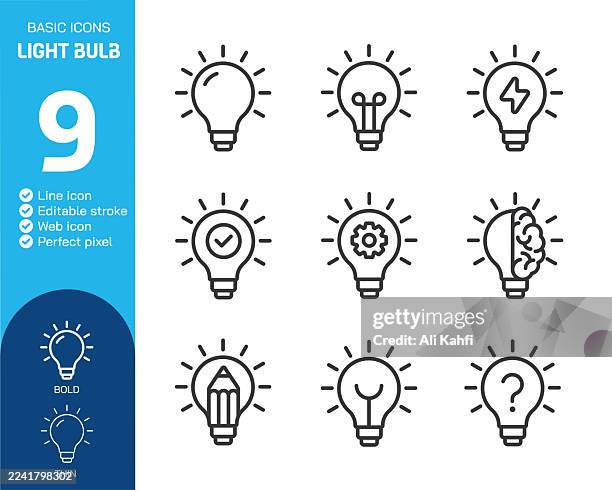 ilustrações, clipart, desenhos animados e ícones de coleção de ícones de linha fina de lâmpada. traço editável. ilustração vetorial. ícone básico para design de site, logotipo, aplicativo, modelo, interface do usuário, infográfico etc. - novas ideias
