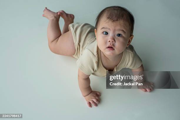 7 month old baby practicing crawling - crawling stock pictures, royalty-free photos & images