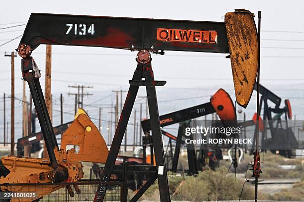 Pumpjacks lift oil from wells at the Midway-Sunset Oil Field, California's largest, in Fellows, near Taft, on October 17, 2025. Every five years, the...