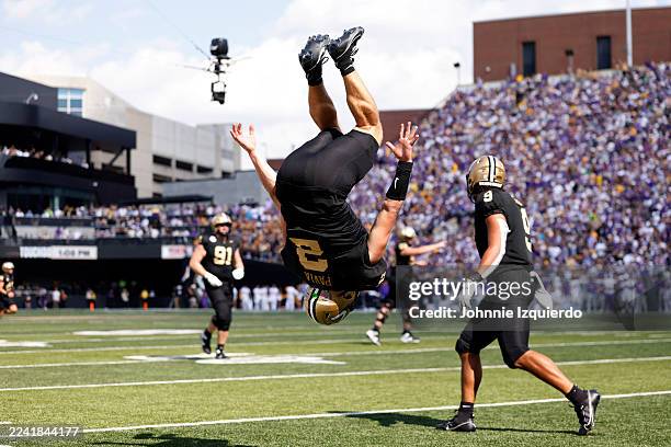 Diego Pavia of the Vanderbilt Commodores celebrates after a touchdown pass during the second half of the game against the LSU Tigers at FirstBank...