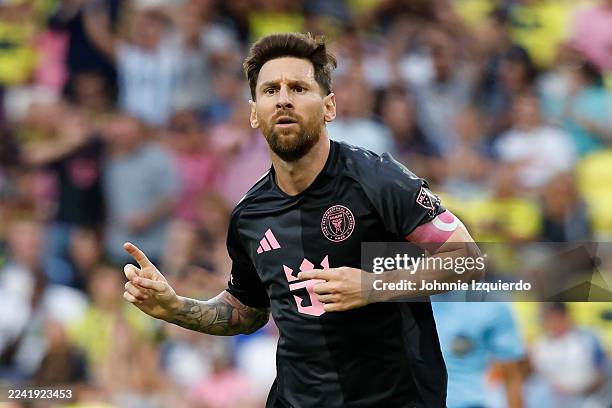 Lionel Messi of Inter Miami celebrates after a goal scored during the first half of the match against the Nashville SC at GEODIS Park on October 18,...