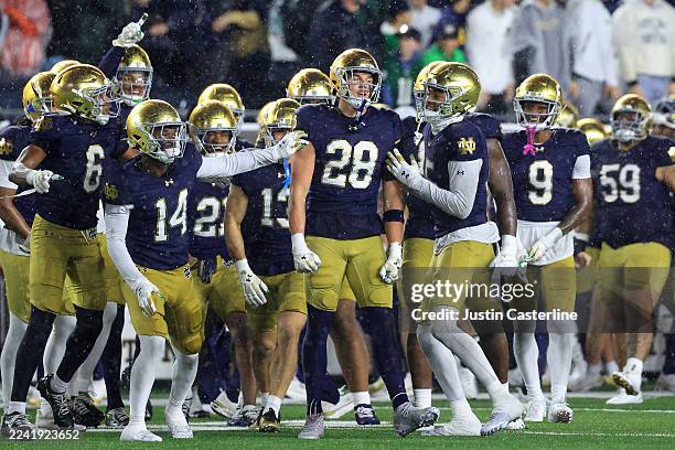 Luke Talich of the Notre Dame Fighting Irish celebrates with teammates after intercepting a pass during the fourth quarter against the USC Trojans at...