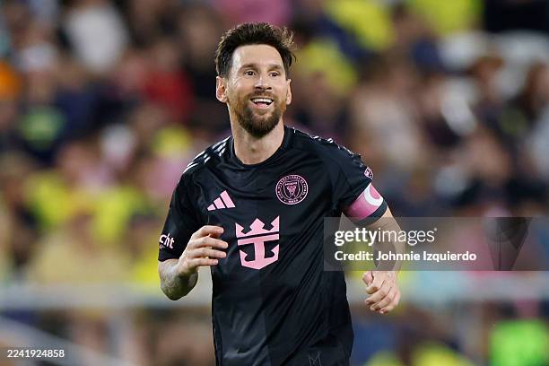 Lionel Messi of Inter Miami reacts after a play during the second half of the match against the Nashville SC at GEODIS Park on October 18, 2025 in...