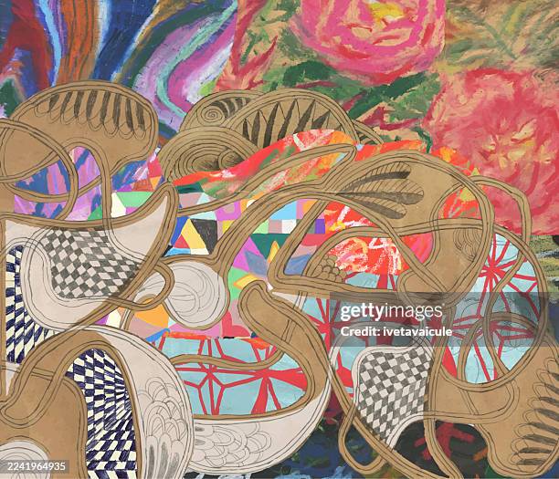 roses and other flowers. mixed media collage - oil pastel drawing stock illustrations