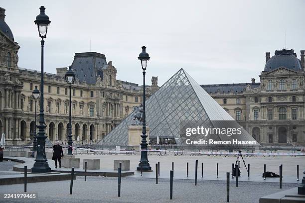 The Louvre looks empty during a normally busy sunday on October 19, 2025 in Paris, France. France's Culture Minister, Rachida Dati, announced the...