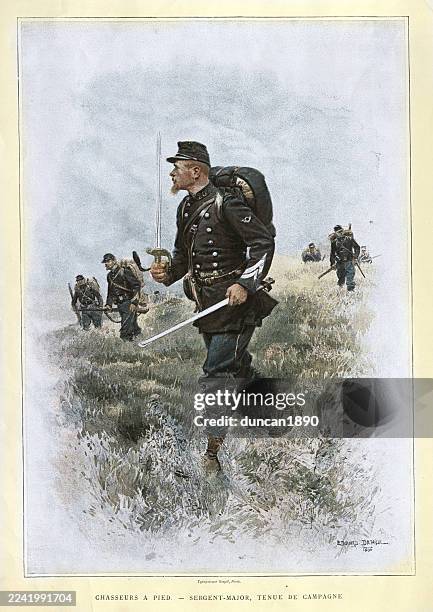 military history, french army soldier, chasseur, sergeant-major holding sword, 1890s, 19th century vintage illustration - sergeant major military rank stock illustrations