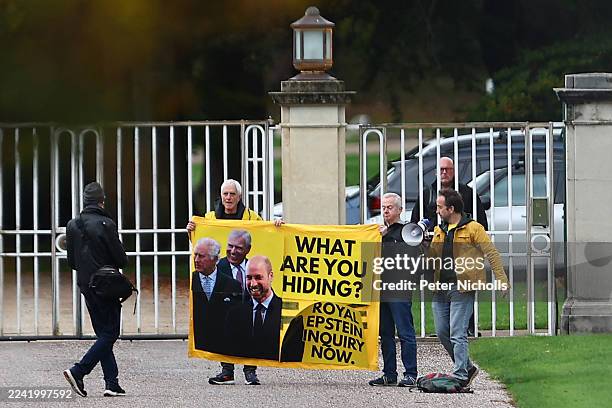 Activists from the anti-monarchy group Republic, stage a protest at the gates to royal lodge where Prince Andrew lives on October 21, 2025 in...