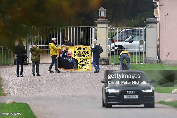 Activists from the anti-monarchy group Republic, stage a protest at the gates to royal lodge where Prince Andrew lives on October 21, 2025 in...